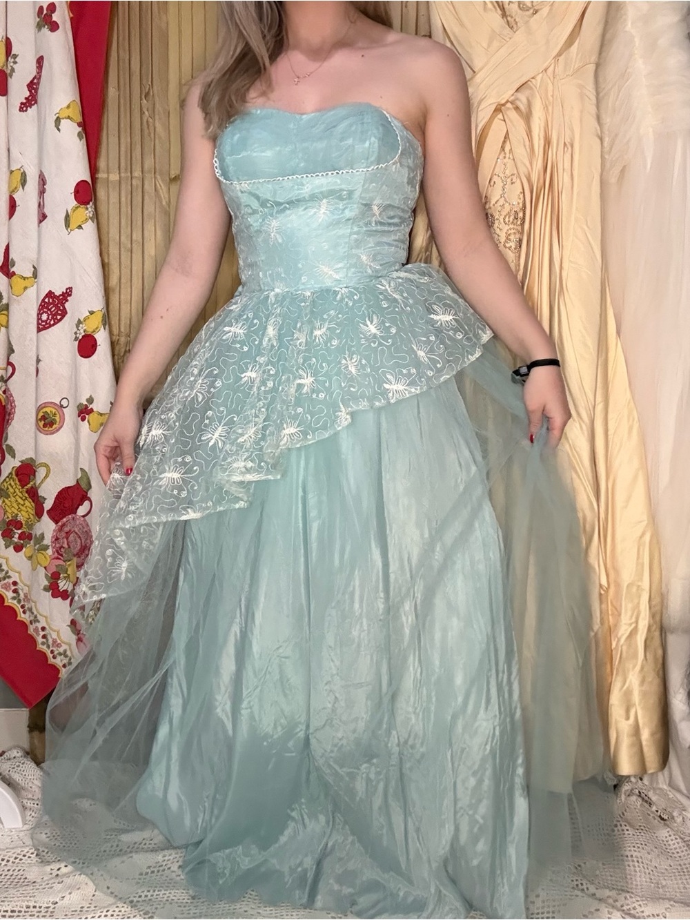 Vintage 50’s Butterfly Strapless Light Aqua Tulle Gown